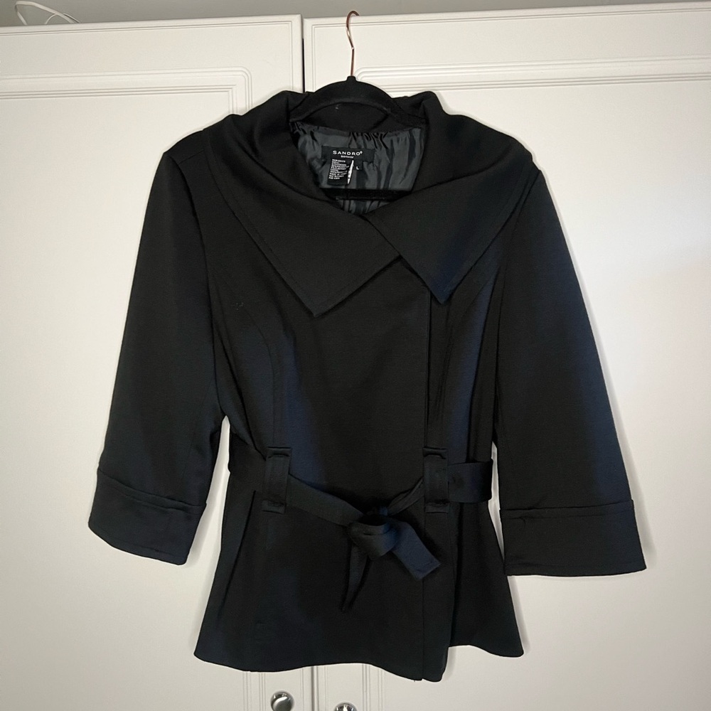 Sandro Tailored Jacket Black Belted Trench - Picture 9 of 11